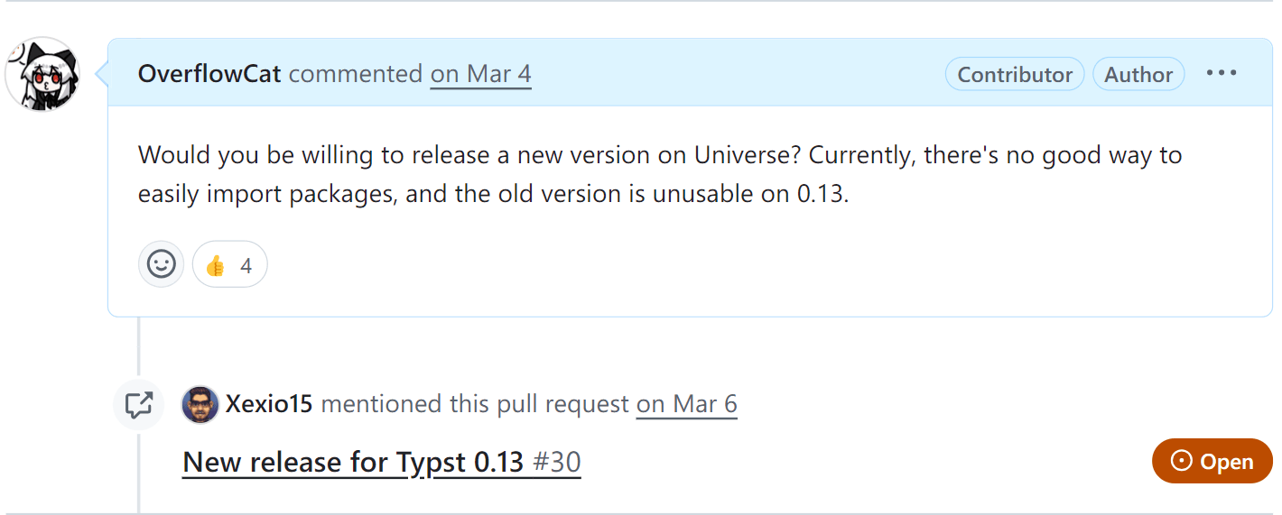 OverflowCat commented on Mar 4 / Would you be willing to release a new version on Universe? Currently, there's no good way to easily import packages, and the old version is unusable on 0.13. (Light mode image)